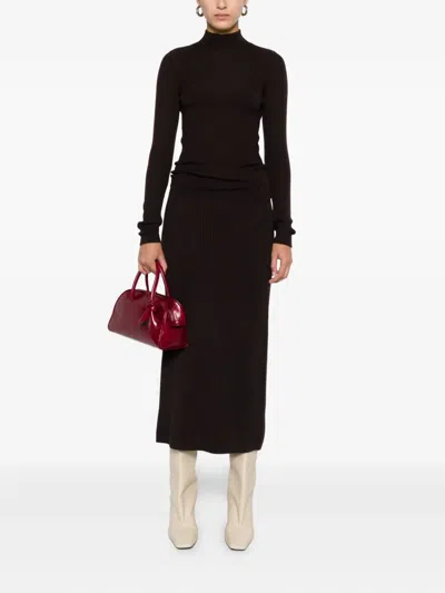 Twinset Ribbed Knit Midi Skirt With Subtle Back Slit In Brown