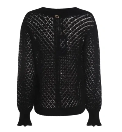 Twinset Open-knit Ruffled-cuff Sweater In Black