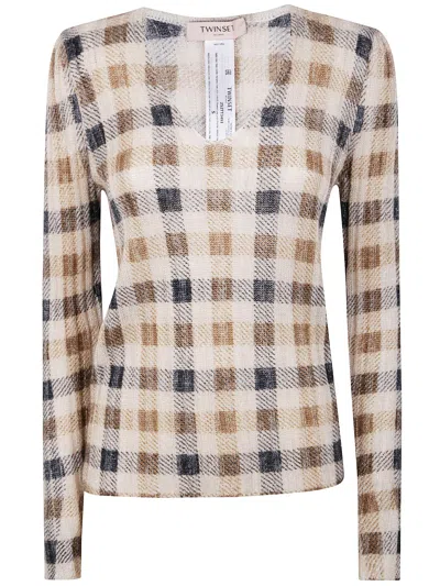 Twinset Checkered Knit Sweater With Fitted Silhouette In Multi