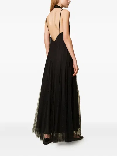 Twinset Sleeveless Black Maxi Dress With Tulle Overlay In Black