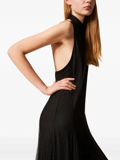 Twinset Sleeveless Black Maxi Dress With Tulle Overlay In Black