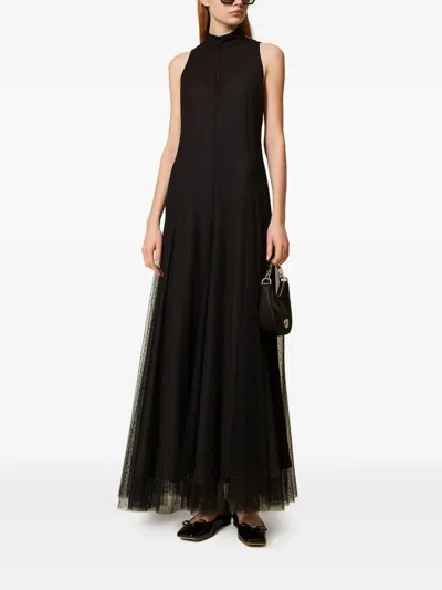 Twinset Sleeveless Black Maxi Dress With Tulle Overlay In Black