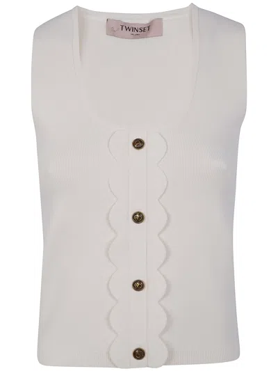 Twinset Scalloped-detail Ribbed Top In Neutral