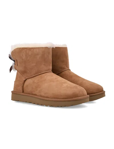 Ugg Camel Suede Mini Bailey Bow Ankle Boots In Brown