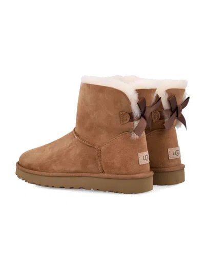 Ugg Camel Suede Mini Bailey Bow Ankle Boots In Brown