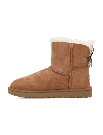 Ugg Camel Suede Mini Bailey Bow Ankle Boots In Brown