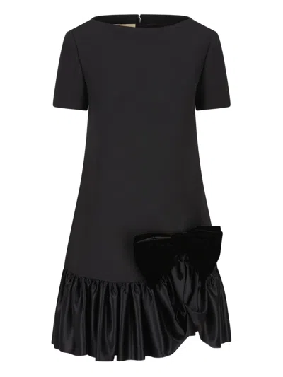 Valentino Velvet Bow Ruffle Short-sleeve Mini Dress In Black