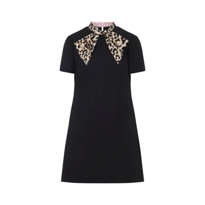 Valentino Embellished Pussy-bow Wool And Silk-blend Crepe Mini Dress In Black