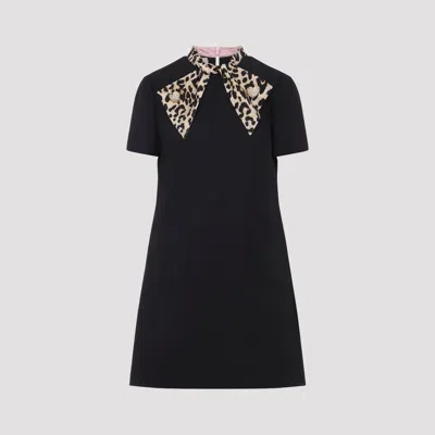Valentino Embellished Pussy-bow Wool And Silk-blend Crepe Mini Dress In Black