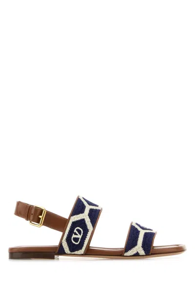 Valentino Embroidered Fabric Vlogo Signature Flat Sandals In Brown
