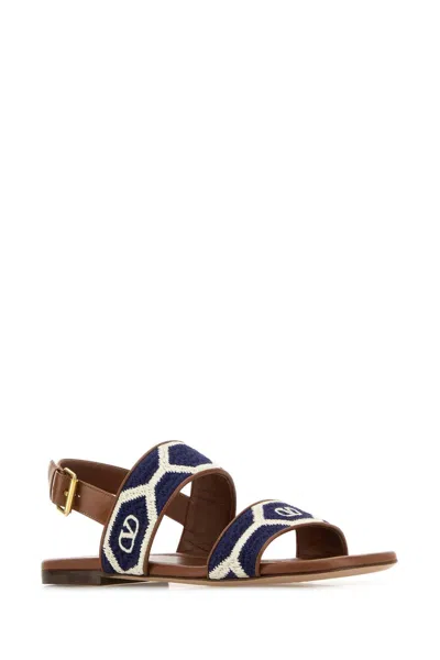 Valentino Embroidered Fabric Vlogo Signature Flat Sandals In Brown