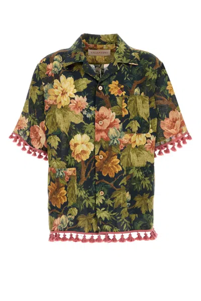Valentino Linen Shirt Floral Print Fringed Edge In Multi