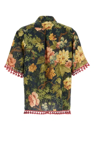 Valentino Linen Shirt Floral Print Fringed Edge In Multi