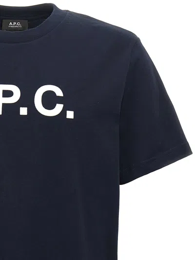 Apc A.p.c. Men Blue Crewneck T-shirt With Logo On The Front In Cotton Man In Blue