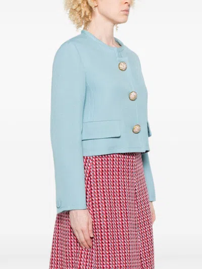 Valentino Womens Bluish Grey Embellished-button Round-neck Woven Jacket