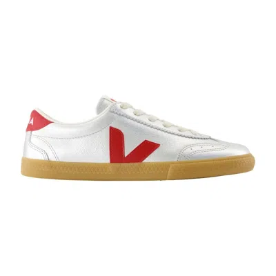 Veja Volley Leather Sneaker In Silver Pepper In White