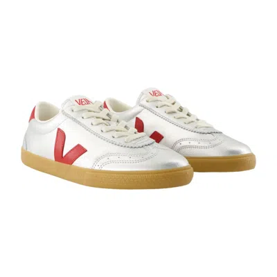 Veja Volley Leather Sneaker In Silver Pepper In White