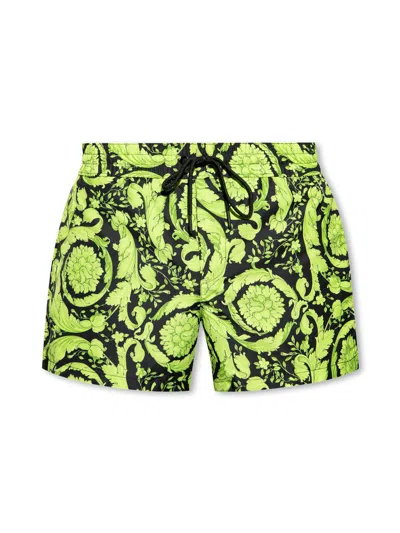 Versace Barocco Print Logo Swim Shorts In Green