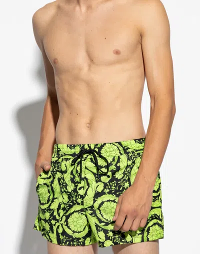 Versace Barocco Print Logo Swim Shorts In Green