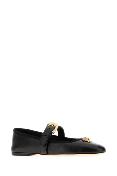 Versace Black Nappa Leather Ballerinas In Black