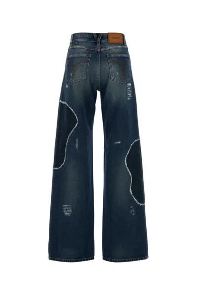 Versace Distressed Patchwork High-rise Wide-leg Jeans In Blue