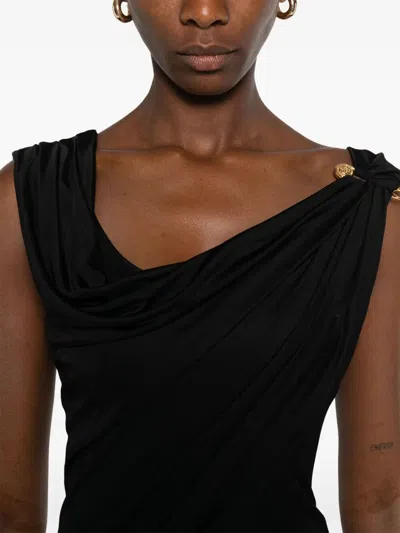 Versace Asymmetric Neck Viscose Long Dress In Black