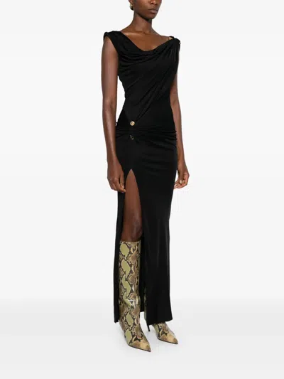 Versace Asymmetric Neck Viscose Long Dress In Black