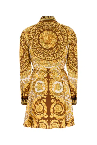 Versace Twill Shirt Dress Ornate Print In Brown