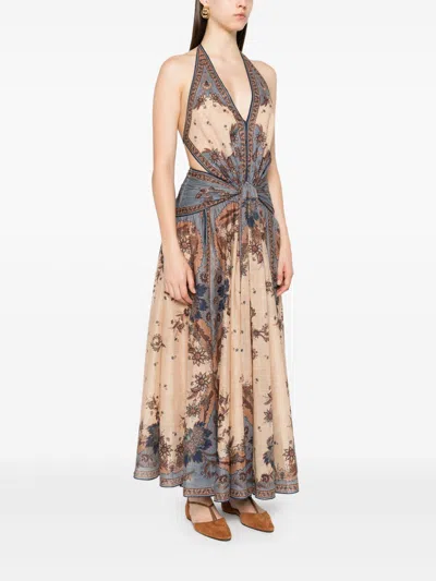 Zimmermann The Ascension Plunge Halter Cotton Long Dress In Gray