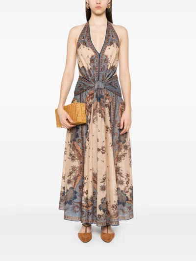 Zimmermann The Ascension Plunge Halter Cotton Long Dress In Gray