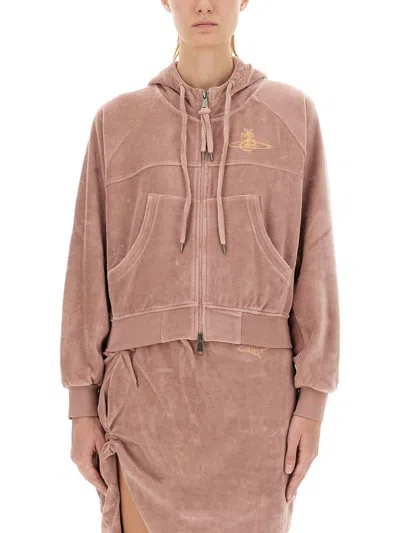 Vivienne Westwood Velvet Textured Zip-up Hoodie With Drawstring Hood In Pink