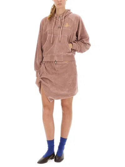 Vivienne Westwood Velvet Textured Zip-up Hoodie With Drawstring Hood In Pink