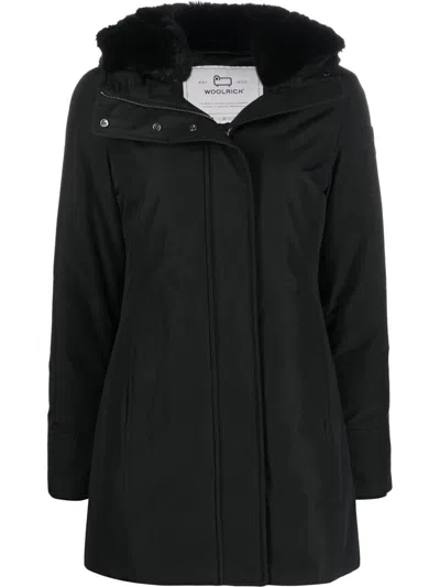 Woolrich Thigh-length Black Coat With Classic Hood And Logo Patch