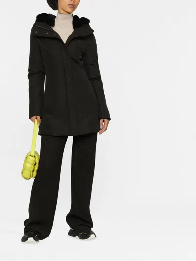 Woolrich Thigh-length Black Coat With Classic Hood And Logo Patch