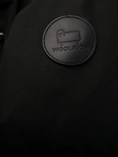 Woolrich Thigh-length Black Coat With Classic Hood And Logo Patch