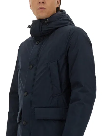 Woolrich Relaxed-fit Hooded Coat With Button Closure And Multiple Pockets In Blue
