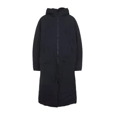 Y-3 Minimalist Black Long Coat With Flap Pockets And Hood In Black