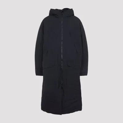 Y-3 Minimalist Black Long Coat With Flap Pockets And Hood In Black