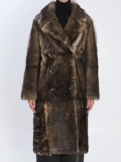 Yves Salomon Double-breasted Lamb Fur Coat In Brown