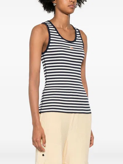 Maison Kitsuné Striped Cotton Sleeveless Top With Round Neck In Black