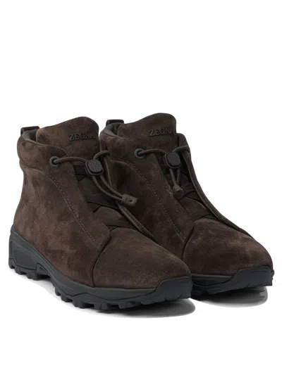 Zegna Triple Stitch Suede High-top Sneakers In Brown