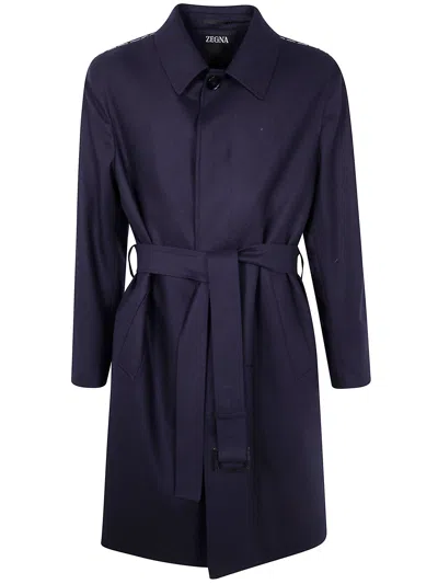 Zegna Wool Overcoat With Belted Waist And Pockets In Blue