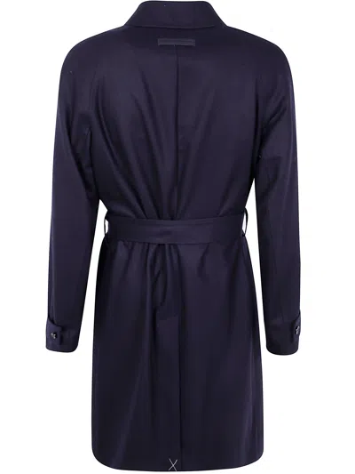 Zegna Wool Overcoat With Belted Waist And Pockets In Blue
