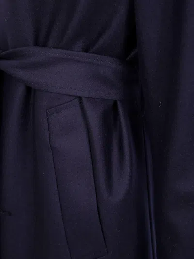 Zegna Wool Overcoat With Belted Waist And Pockets In Blue