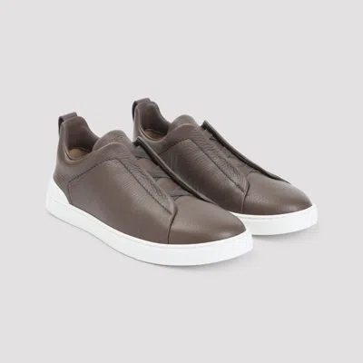 Zegna Triple Stitch Leather Sneakers In Gray