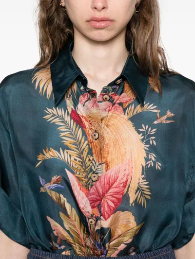 Zimmermann Womens Dark Blue Palm Floral Ascension Relaxed-fit Silk Shirt Xs In Blue
