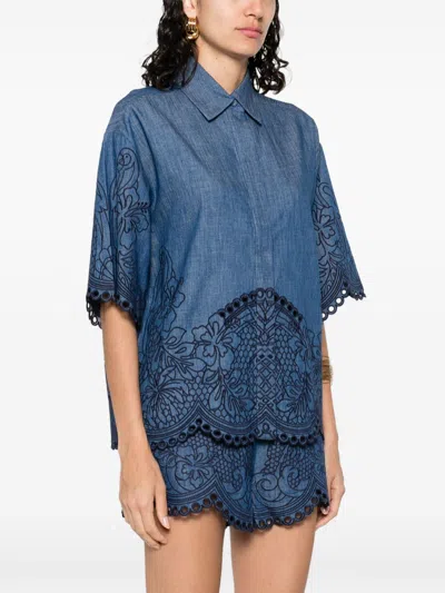 Zimmermann Short Sleeve Embroidered Top In Blue