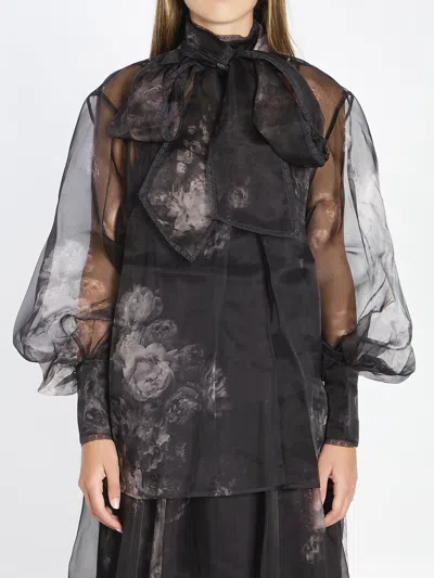 Zimmermann Hypnotic Floral Silk Organza Blouse In Black
