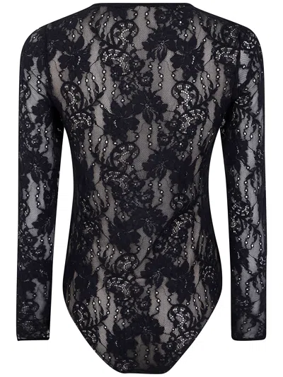 Zimmermann Fitted Black Lace Bodysuit With Floral Design And Inset Jelly Ribbon In Black