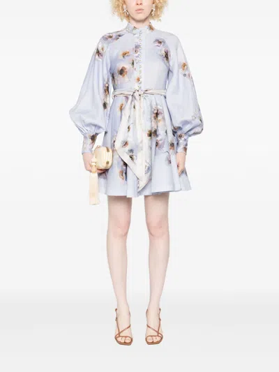 Zimmermann Womens Lilac Poppy Printed Silk-belt Buttoned Linen Mini Dress In Multi